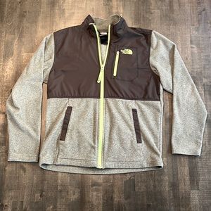 Boys North Face zip up fleece. Gray with black and lime trim. Like new.